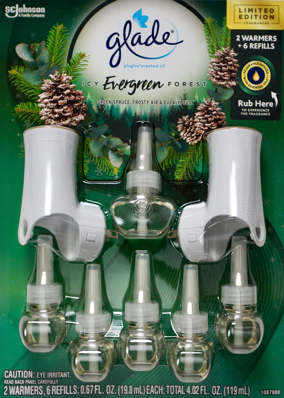 Glade Plugins Icy Evergreen Forest, 6 Scented Oil Refills + 2 Warmers