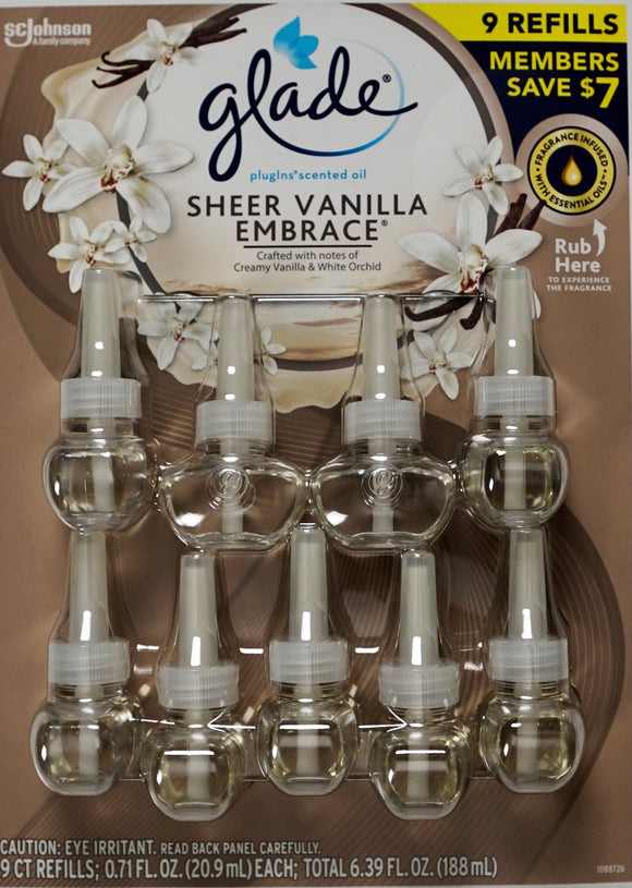 Glade Plugins Sheer Vanilla Embrace Sweet Florals Orchids, 9 Scented Oil Refills